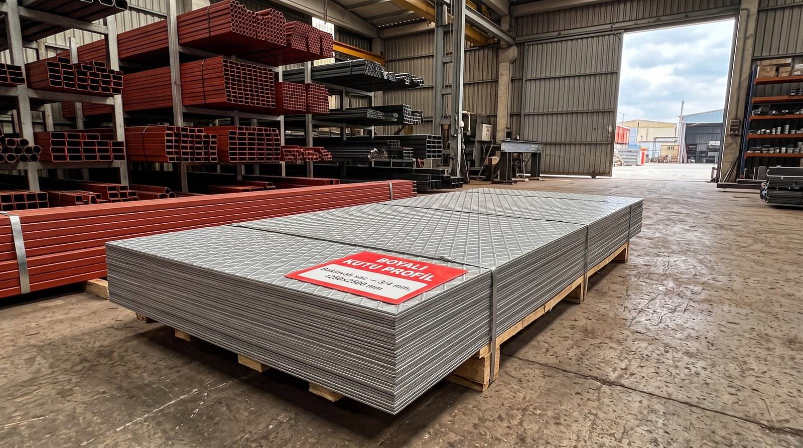 Baklavalı sac 3/4 mm, 1250×2500 mm, boyama hattı deposunda