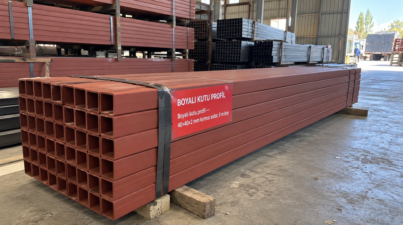 Boyalı kutu profil 40×40×2 mm kırmızı astar, 6 m boy, boyama hattı deposunda