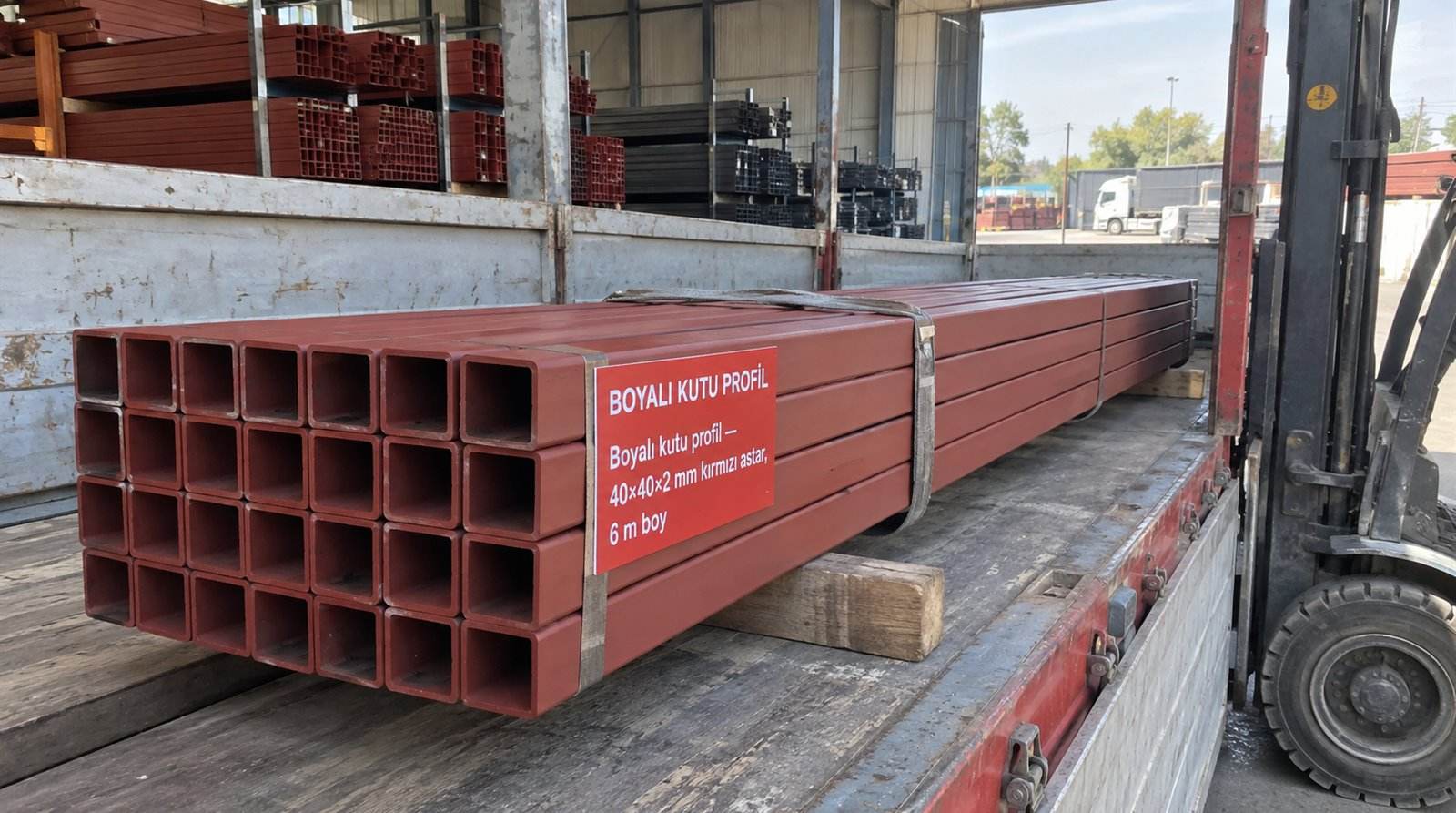Boyalı kutu profil 40×40×2 mm kırmızı astar, 6 m boy, boyama hattı deposunda