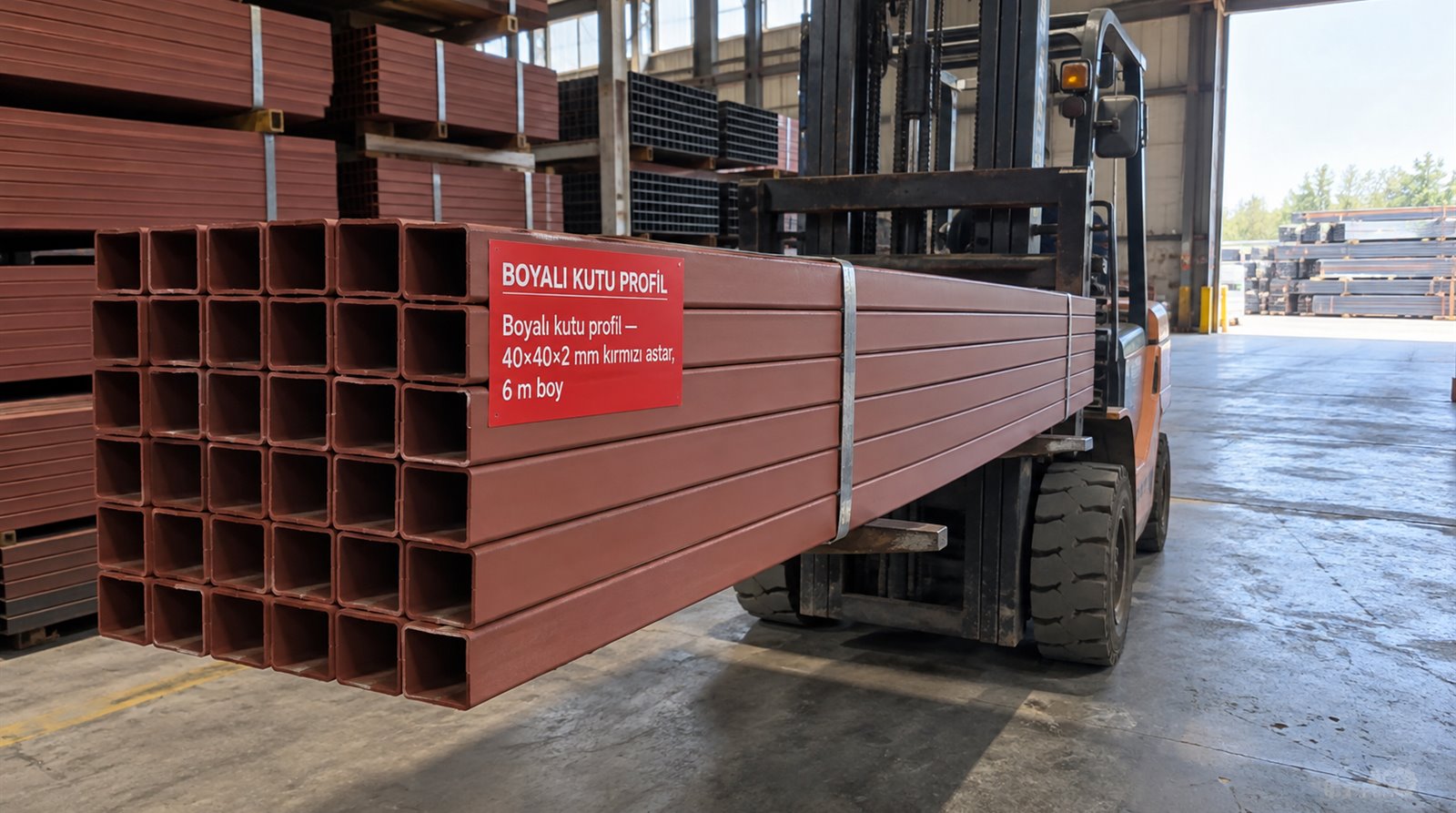 Boyalı kutu profil 40×40×2 mm kırmızı astar, 6 m boy, boyama hattı deposunda