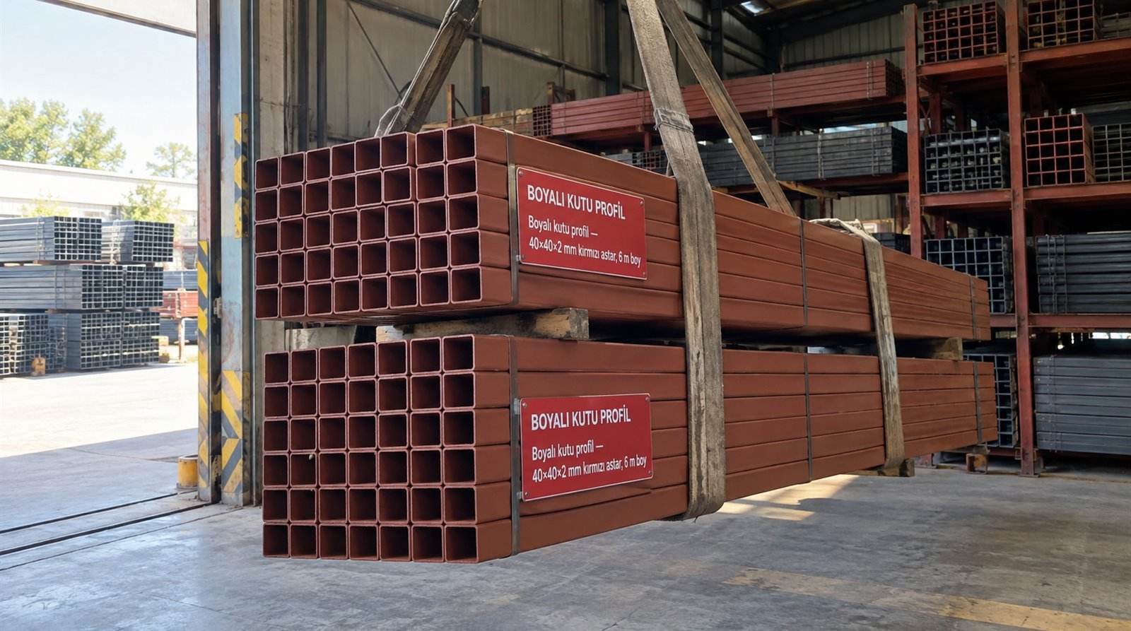 Boyalı kutu profil 40×40×2 mm kırmızı astar, 6 m boy, boyama hattı deposunda