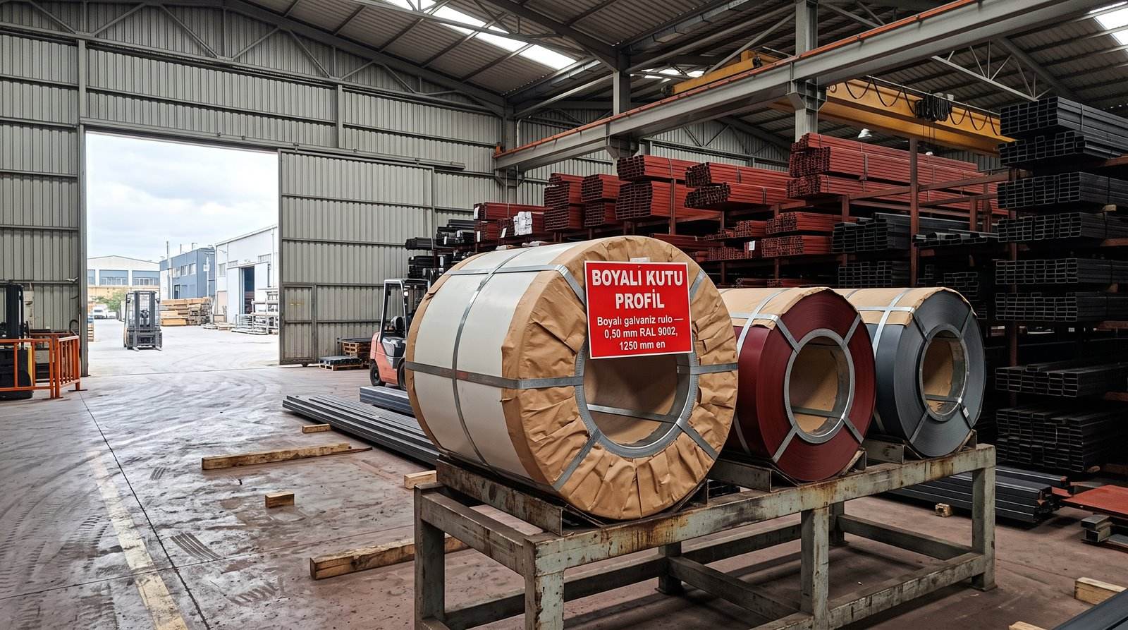 Boyalı galvaniz rulo 0,50 mm RAL 9002, 1250 mm en, boyama hattı deposunda