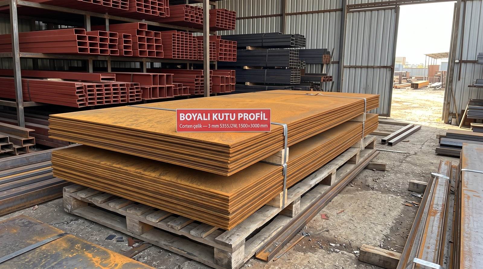 Corten çelik 3 mm S355J2W, 1500×3000 mm, boyama hattı deposunda