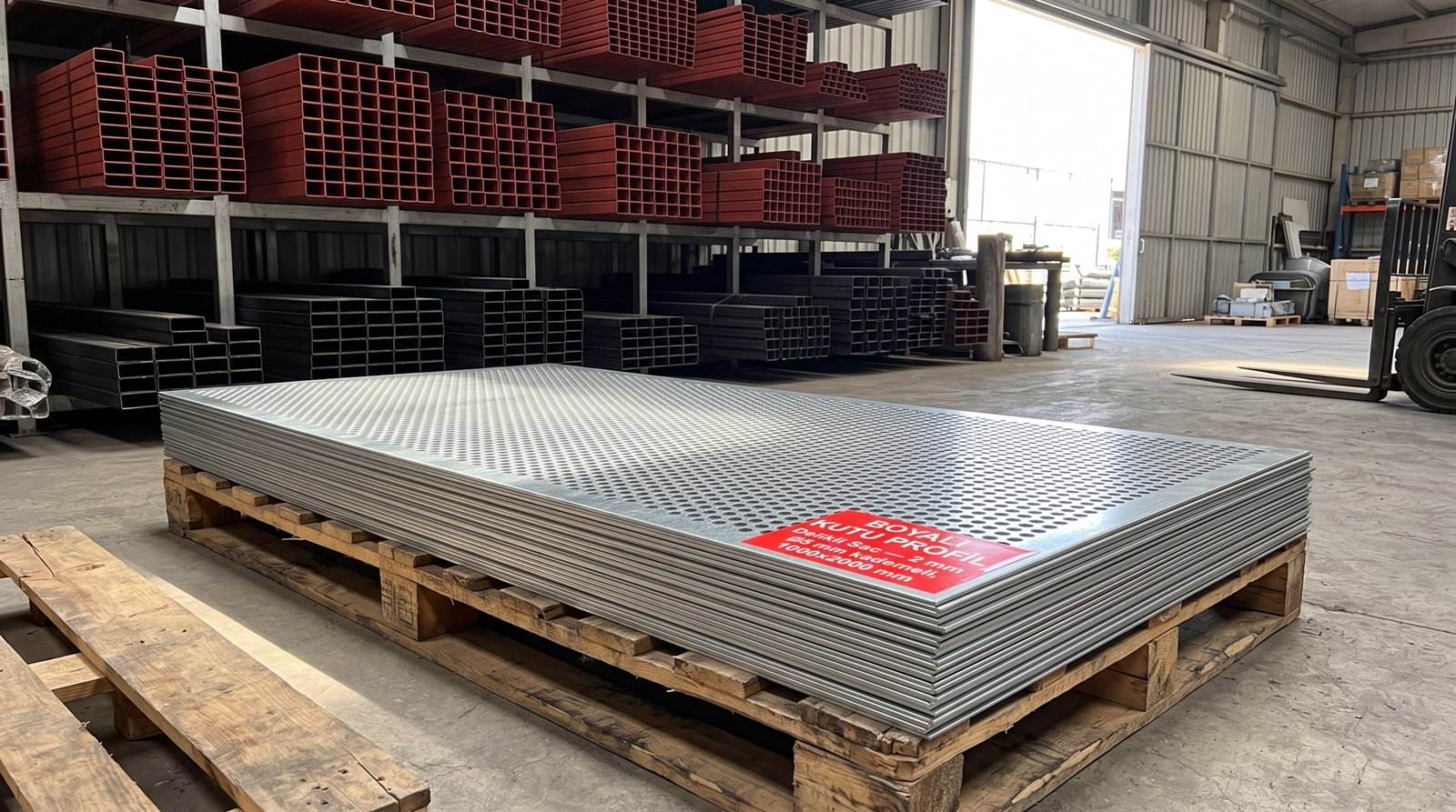 Delikli sac 2 mm Ø5 mm kademeli, 1000×2000 mm, boyama hattı deposunda