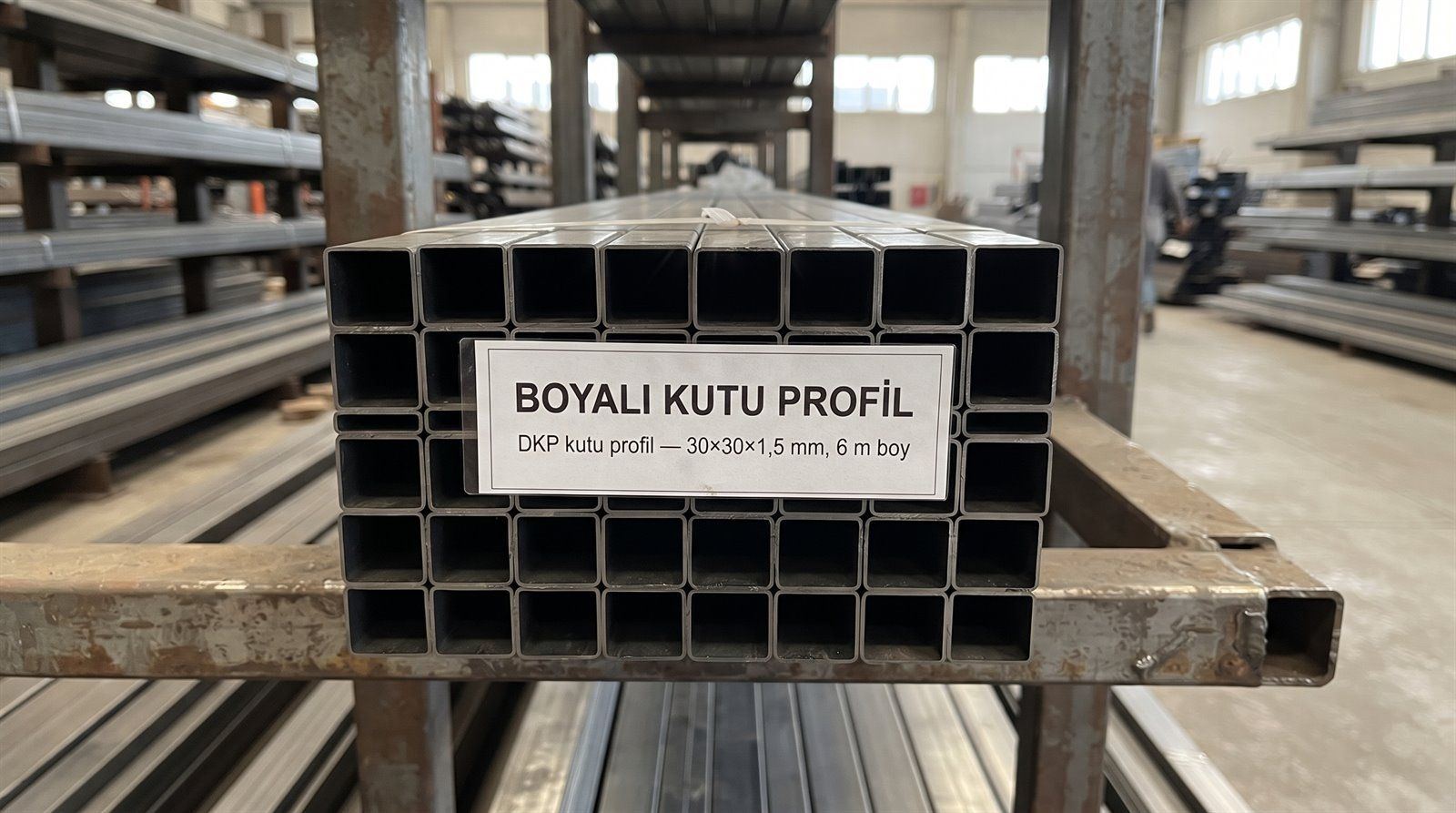 DKP kutu profil 30×30×1,5 mm, 6 m boy, boyama hattı deposunda