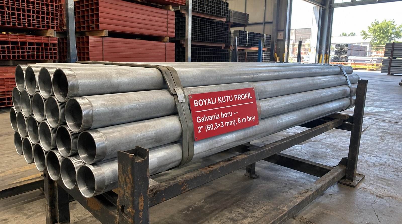 Galvaniz boru 2" (60,3×3 mm), 6 m boy, boyama hattı deposunda
