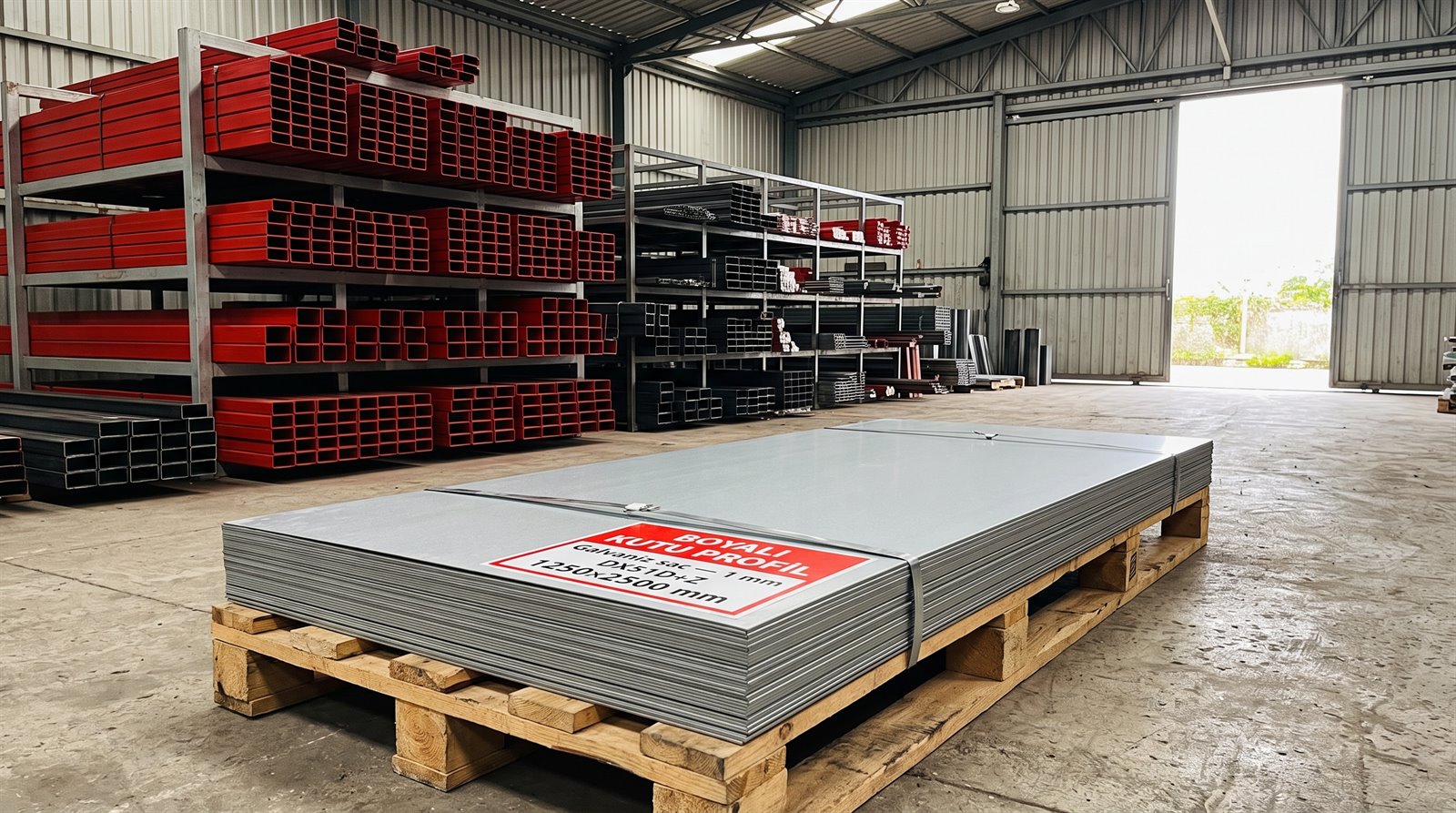 Galvaniz sac 1 mm DX51D+Z, 1250×2500 mm, boyama hattı deposunda
