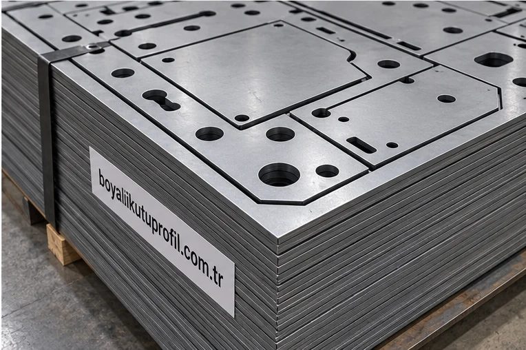 CNC kesim sac parçaları — büyük çelik deposunda istifli ürün fotoğrafı
