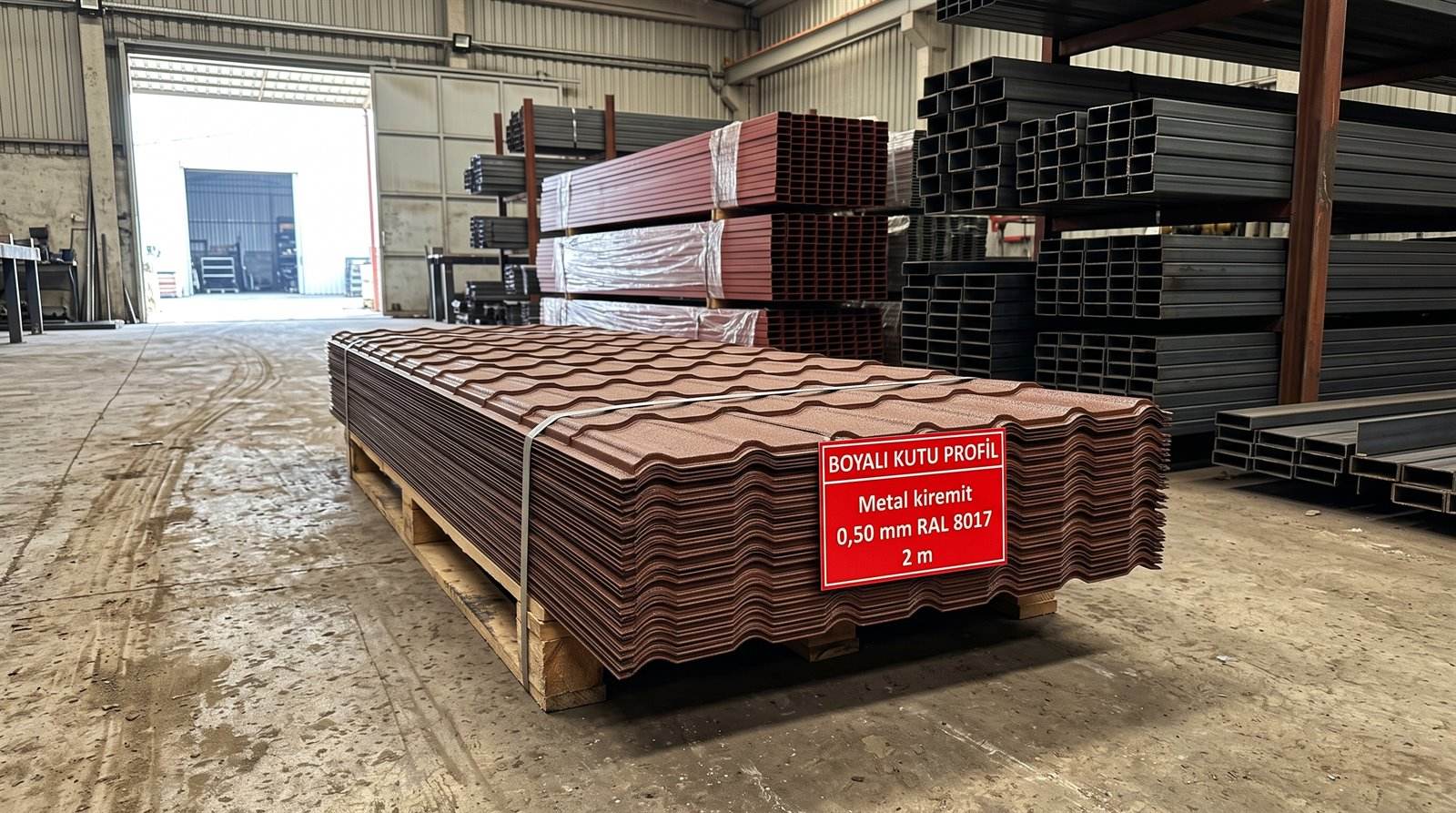 Metal kiremit 0,50 mm RAL 8017, 2 m, boyama hattı deposunda