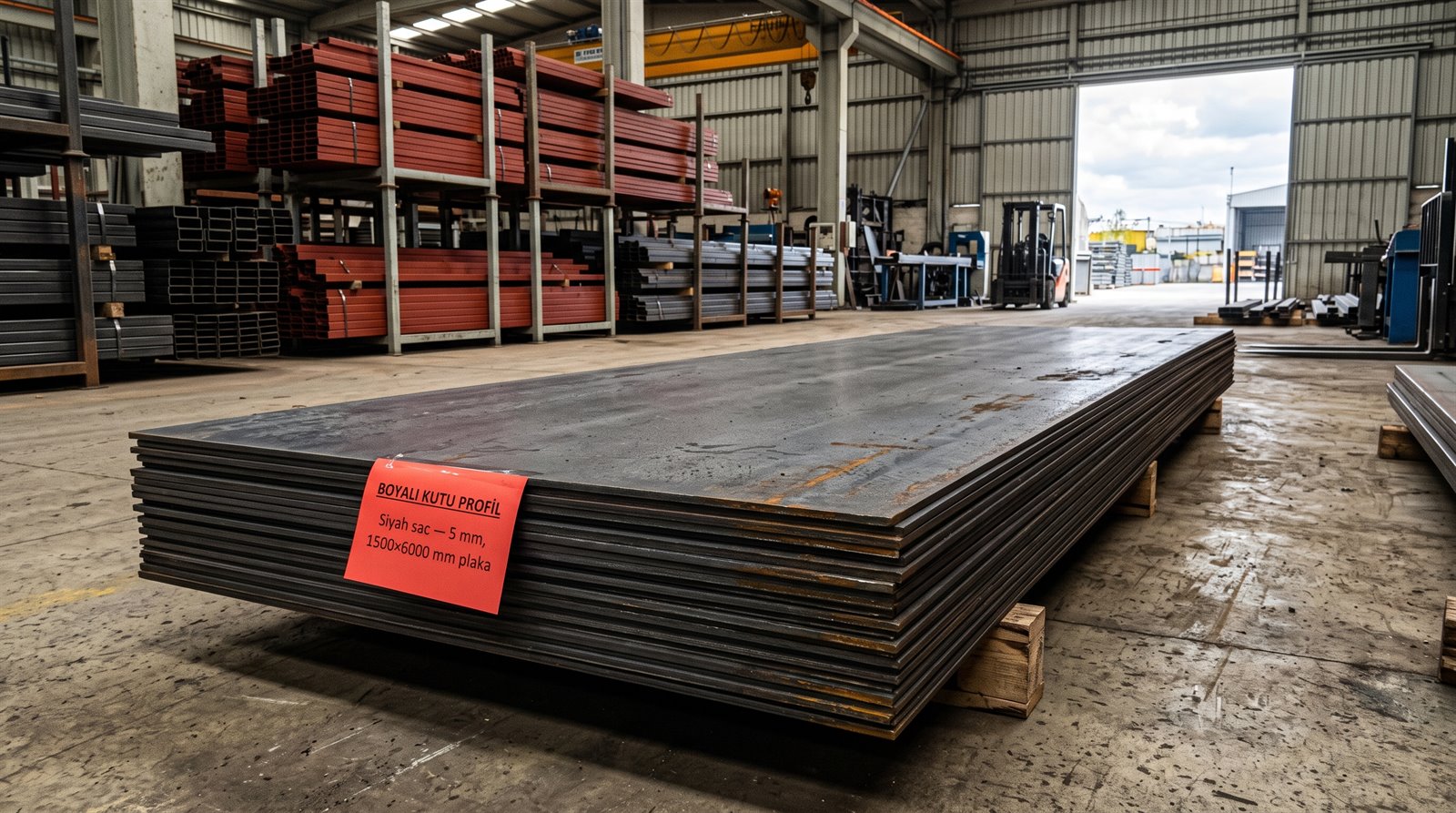 Siyah sac 5 mm, 1500×6000 mm plaka, boyama hattı deposunda